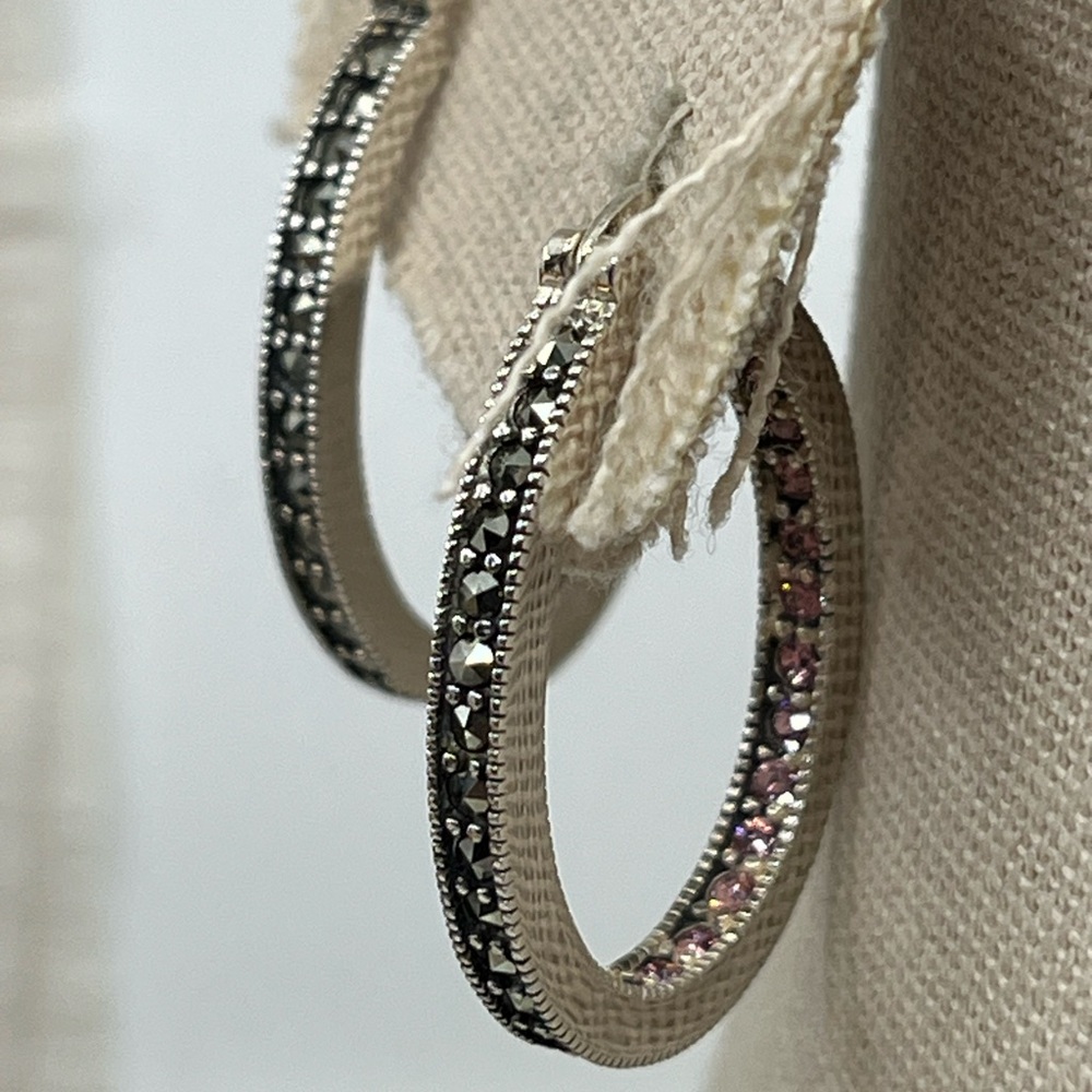 Vintage Suspicion 925 Sterling Silver Marcasite Hoop Earrings with Purple Gems - Picture 4 of 17